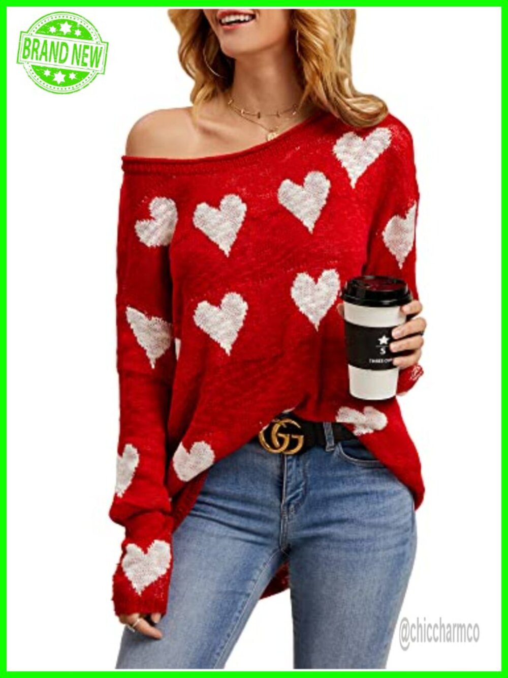 Oversized Off Shoulder Heart Print Knit Pullover Sweater